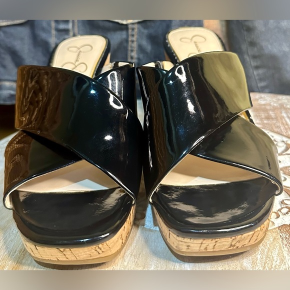 EUC Jessica Simpson “Seena” Black Patent Leather Wedge Cork Heel. Size 9.5 - Picture 3 of 10